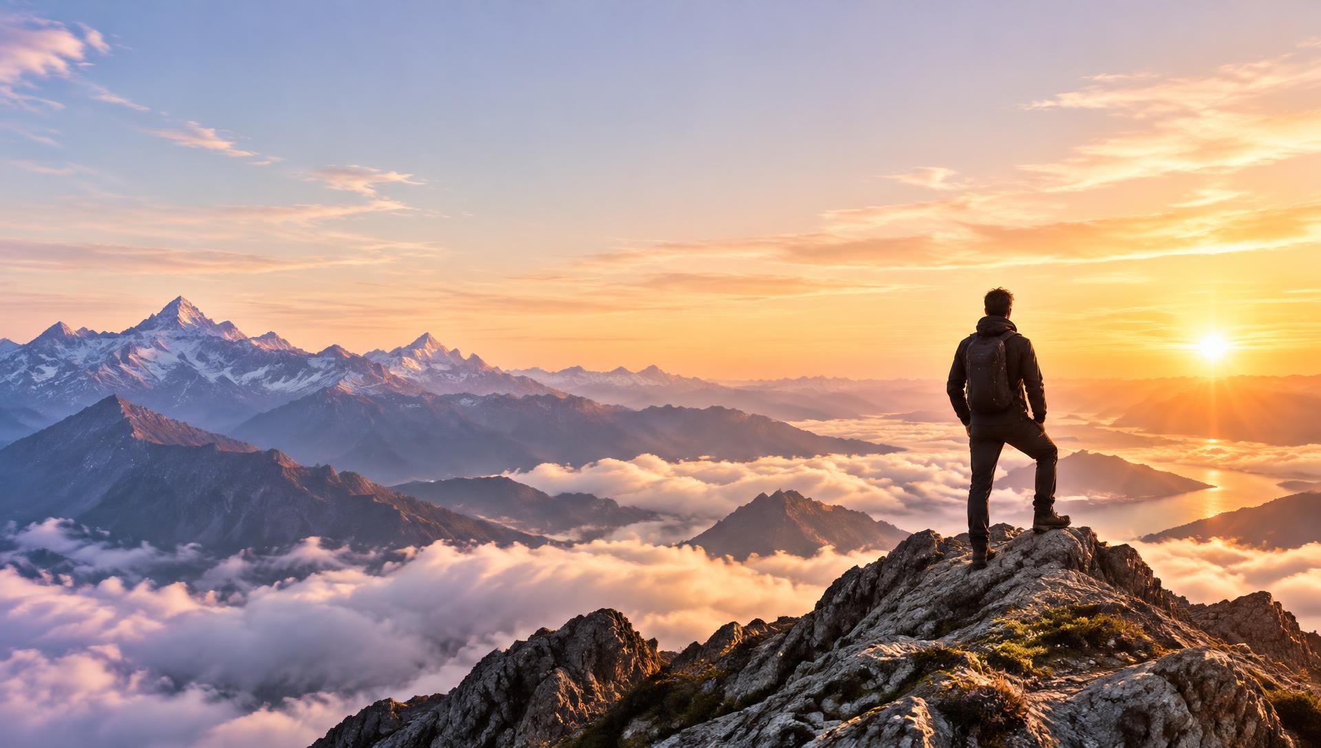 Mountain summit overlooking a sunrise and distant horizons